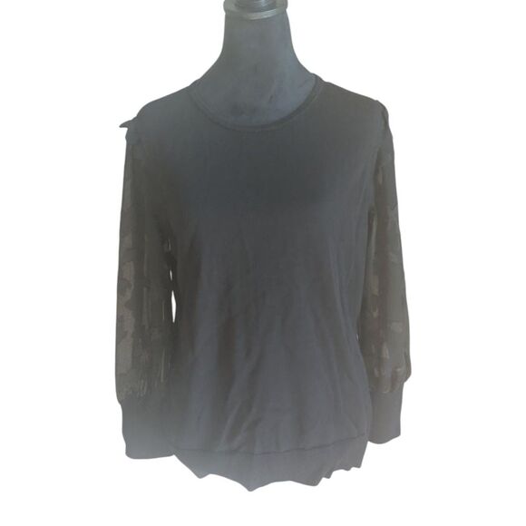 CECE Mixed Media Sweater M Black Sheer Floral Sleeve Cotton Knit Top - Picture 1 of 8